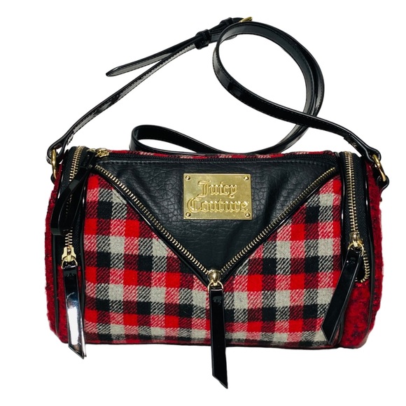 Juicy Couture Baguette Gingham Red Black Buffalo Check Plaid Wool Shoulder Bag - Picture 4 of 10